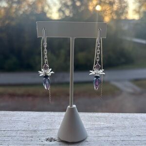 Silver Plated Purple & Blue Drop Floral Dangle Earrings